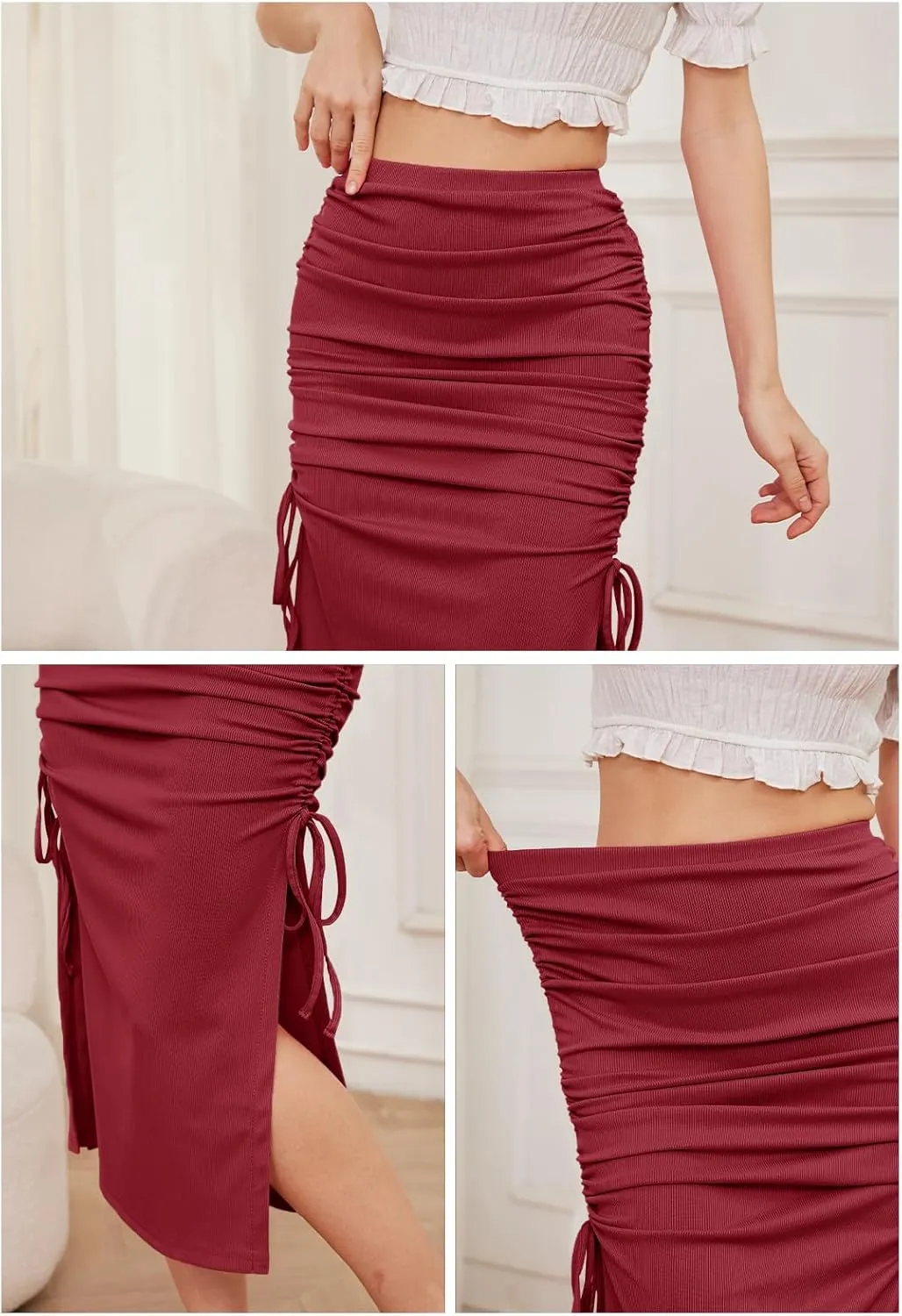 Womens Midi Ruched Skirt Bodycon Drawstring Solid Stretchy High Elastic Waisted Long Skirts for Women with Slit