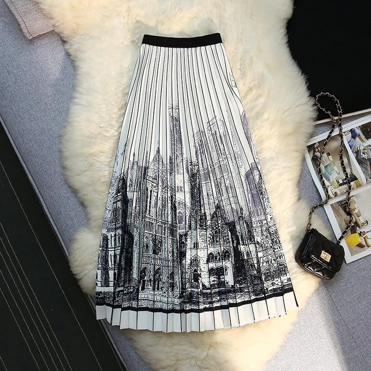 Women's Organ Pleated Long Skirt Bohemian Long Skirt Elastic Waist A-line Pleated Ruffled midi Skirt