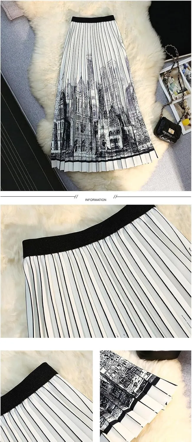 Women's Organ Pleated Long Skirt Bohemian Long Skirt Elastic Waist A-line Pleated Ruffled midi Skirt