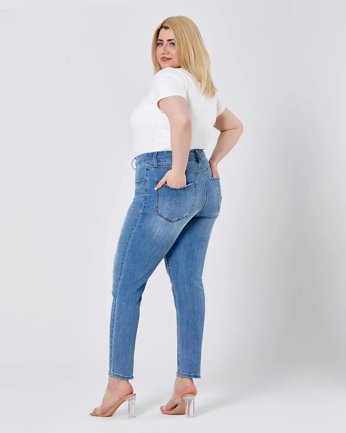 Women's Plus Size Jeans Skinny High Waisted Ripped Stretchy Jean with Pockets Tummy Control Denim Pants Trendy