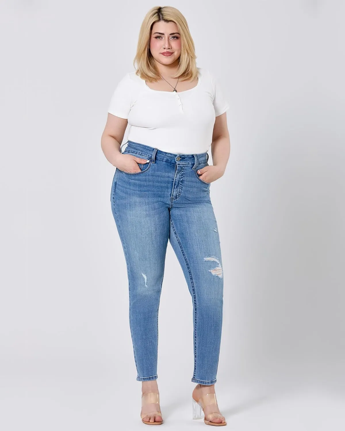 Women's Plus Size Jeans Skinny High Waisted Ripped Stretchy Jean with Pockets Tummy Control Denim Pants Trendy