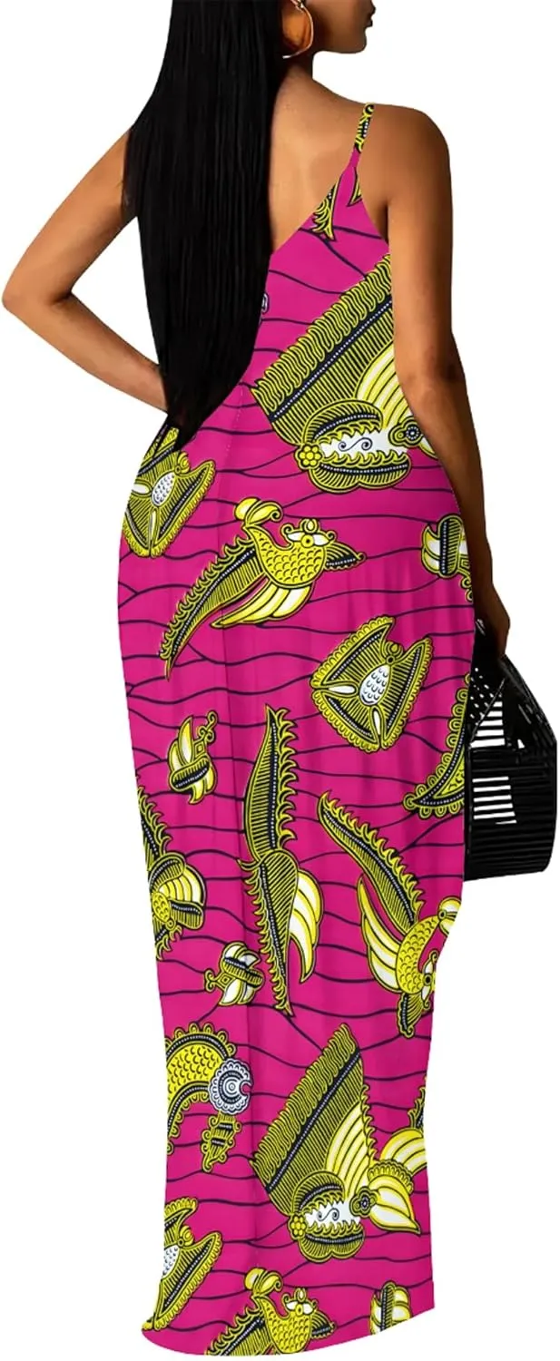 Women's Plus Size Summer Dresses Spaghetti Print Midi Dresses Long Loose Sundresses
