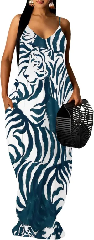 Women's Plus Size Summer Dresses Spaghetti Print Midi Dresses Long Loose Sundresses