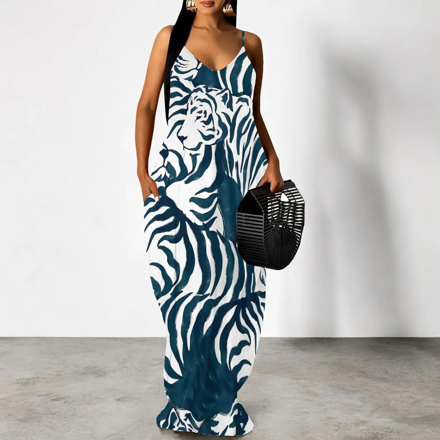 Women's Plus Size Summer Dresses Spaghetti Print Midi Dresses Long Loose Sundresses