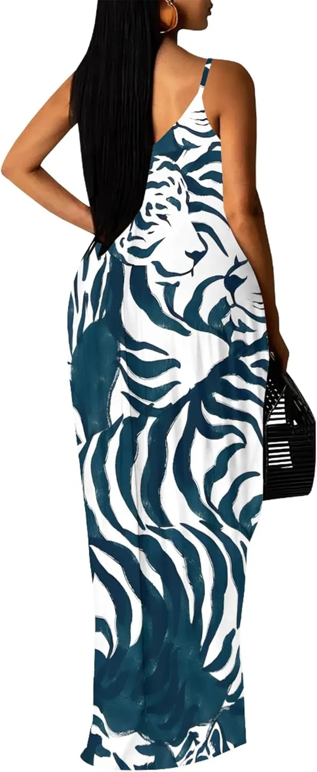 Women's Plus Size Summer Dresses Spaghetti Print Midi Dresses Long Loose Sundresses