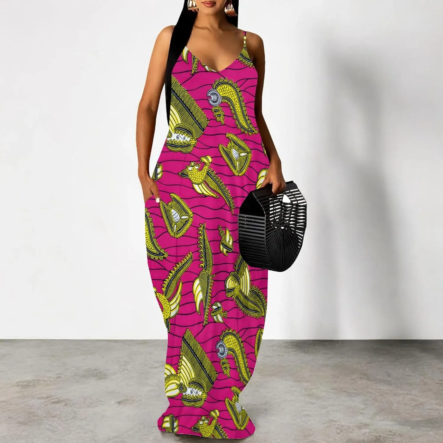 Women's Plus Size Summer Dresses Spaghetti Print Midi Dresses Long Loose Sundresses