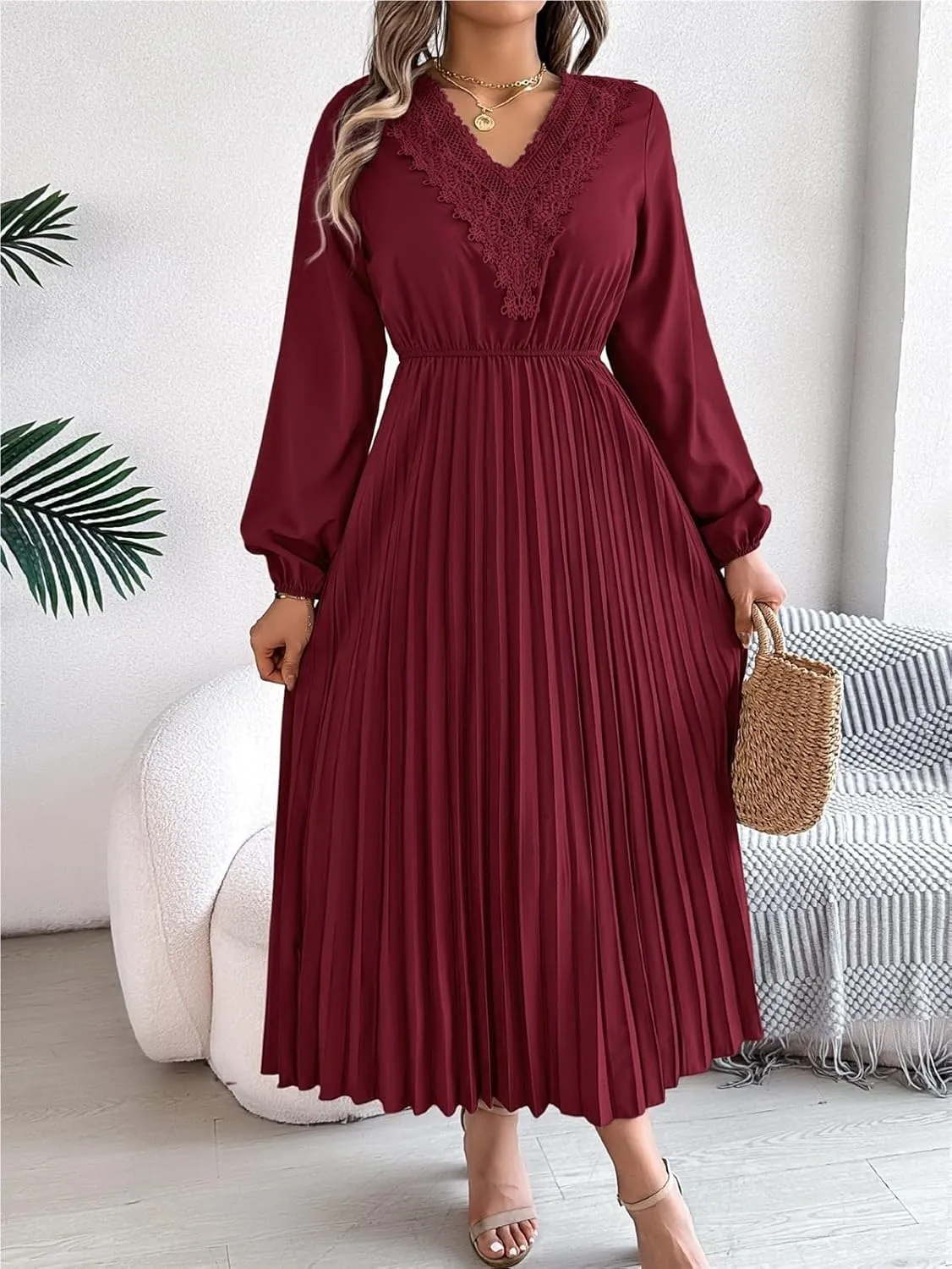 Women's Solid Color Long Sleeve Dress - Bohemian Lace V-Neck Balloon Sleeve Cinched Waist Pleated Maxi Skirt