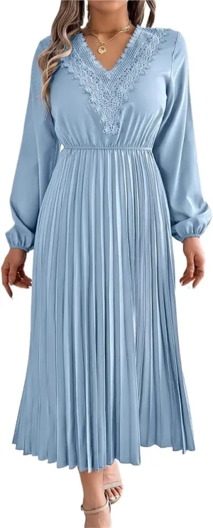 Women's Solid Color Long Sleeve Dress - Bohemian Lace V-Neck Balloon Sleeve Cinched Waist Pleated Maxi Skirt