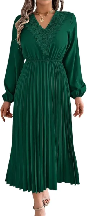 Women's Solid Color Long Sleeve Dress - Bohemian Lace V-Neck Balloon Sleeve Cinched Waist Pleated Maxi Skirt