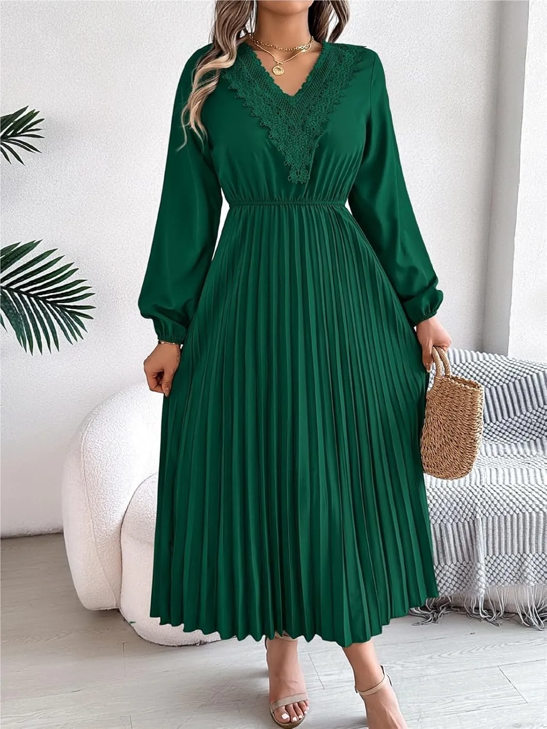 Women's Solid Color Long Sleeve Dress - Bohemian Lace V-Neck Balloon Sleeve Cinched Waist Pleated Maxi Skirt