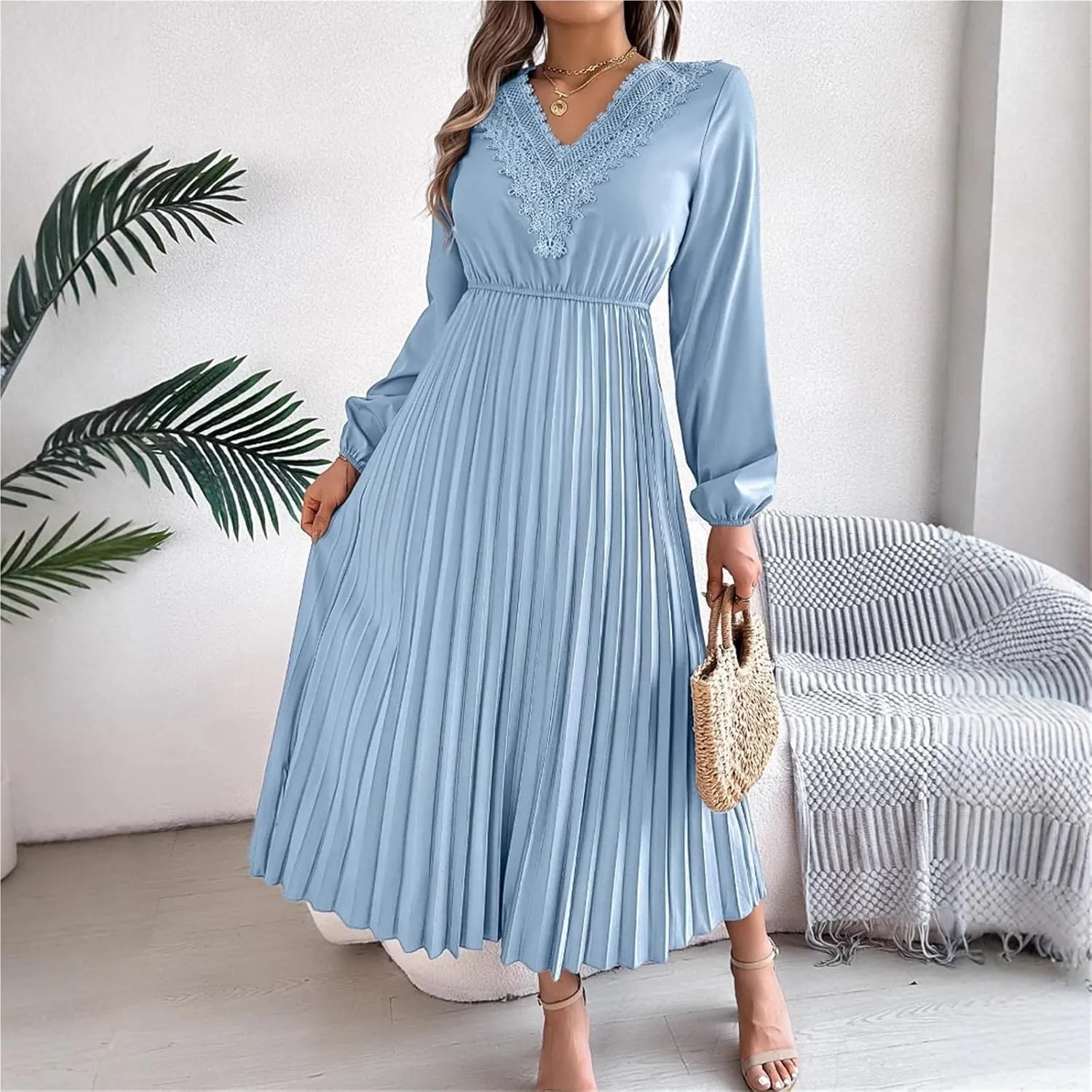 Women's Solid Color Long Sleeve Dress - Bohemian Lace V-Neck Balloon Sleeve Cinched Waist Pleated Maxi Skirt
