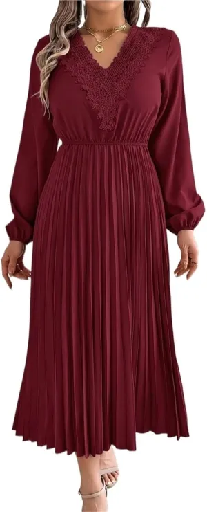 Women's Solid Color Long Sleeve Dress - Bohemian Lace V-Neck Balloon Sleeve Cinched Waist Pleated Maxi Skirt