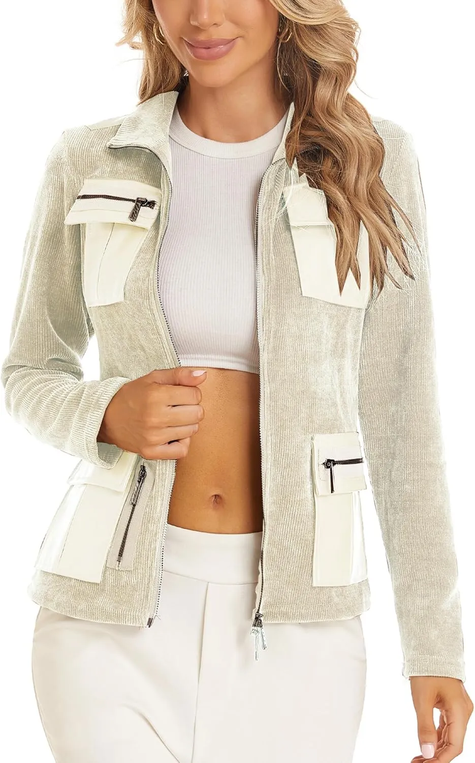 Women's Stand Collar Zip up Long Sleeve Jacket with Pockets