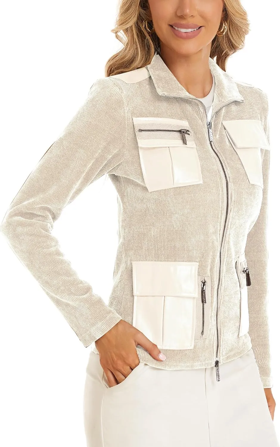 Women's Stand Collar Zip up Long Sleeve Jacket with Pockets