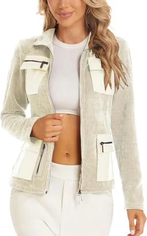 Women's Stand Collar Zip up Long Sleeve Jacket with Pockets