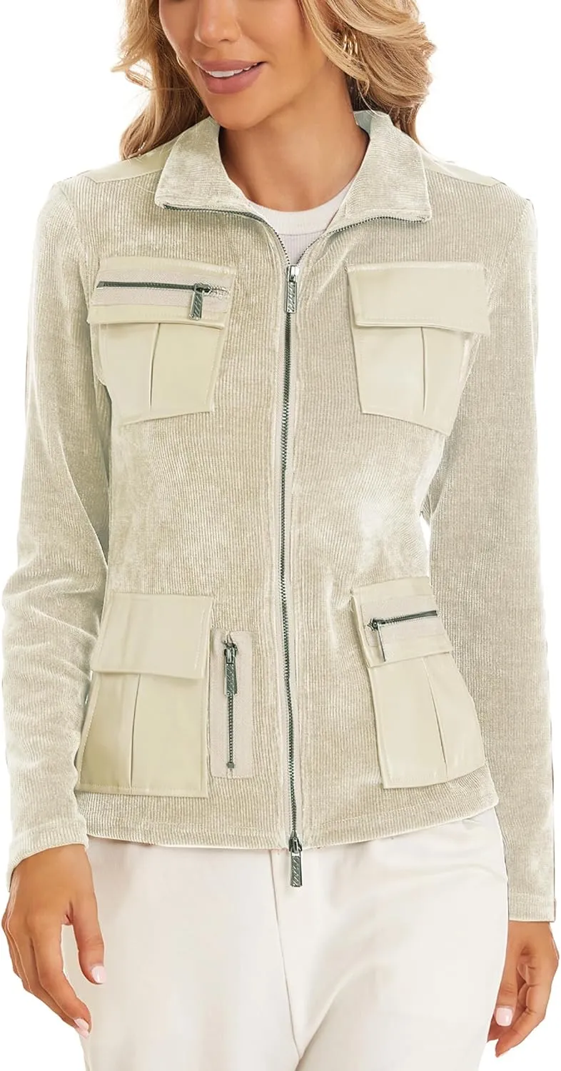 Women's Stand Collar Zip up Long Sleeve Jacket with Pockets