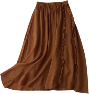 Women's Summer A Line Skirt with Elastic Waist Linen Blend Embroidered Lace Edge Casual Midi Skirt Summer Skirts