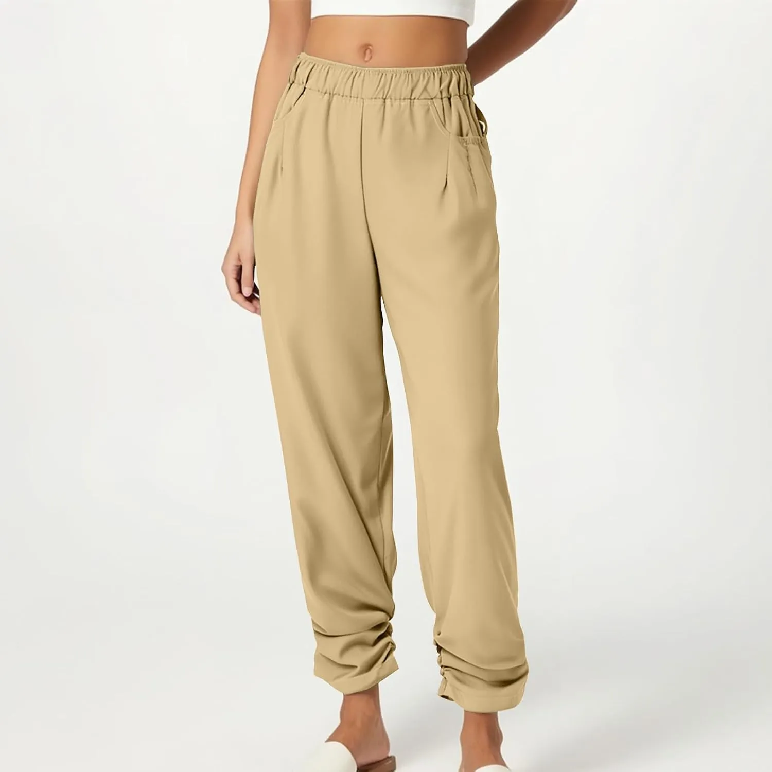 Womens Wide Leg Linen Pants Summer Elastic High Waist Cotton Trouser Lounge Slacks Beach Travel Outfits with Pockets