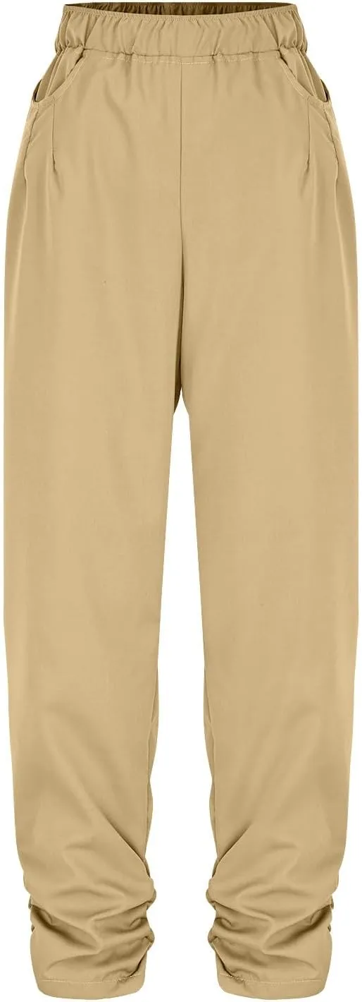 Womens Wide Leg Linen Pants Summer Elastic High Waist Cotton Trouser Lounge Slacks Beach Travel Outfits with Pockets