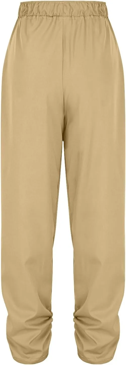 Womens Wide Leg Linen Pants Summer Elastic High Waist Cotton Trouser Lounge Slacks Beach Travel Outfits with Pockets