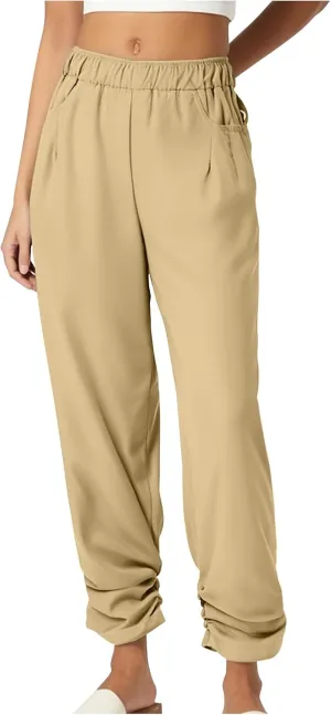 Womens Wide Leg Linen Pants Summer Elastic High Waist Cotton Trouser Lounge Slacks Beach Travel Outfits with Pockets