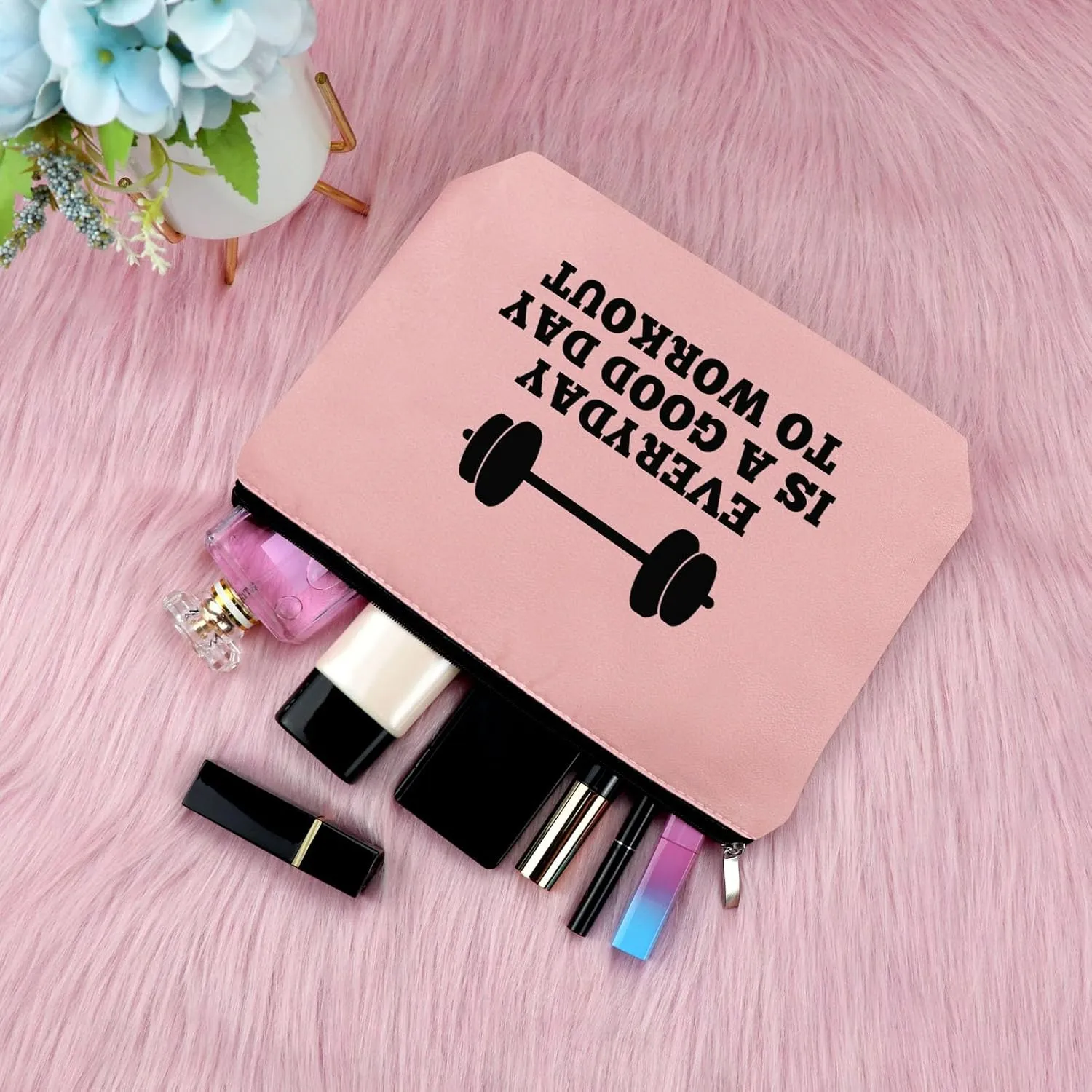 Workout Gift for Women Makeup Bag Weightlifting Fitness Gift Trainer Bodybuilding Gift Dumbbell Cosmetic Bag Inspirational Gift for Sister Friends Christmas Birthday Gift for Athletic CoachPink