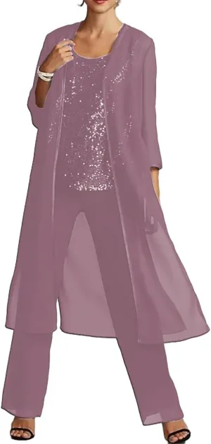 YAUTKA 3 Pcs Pant Suits for Wedding 3/4 Long Sleeve Sparkly Sequin Chiffon Formal Outfits for Women 2024 with Jackets