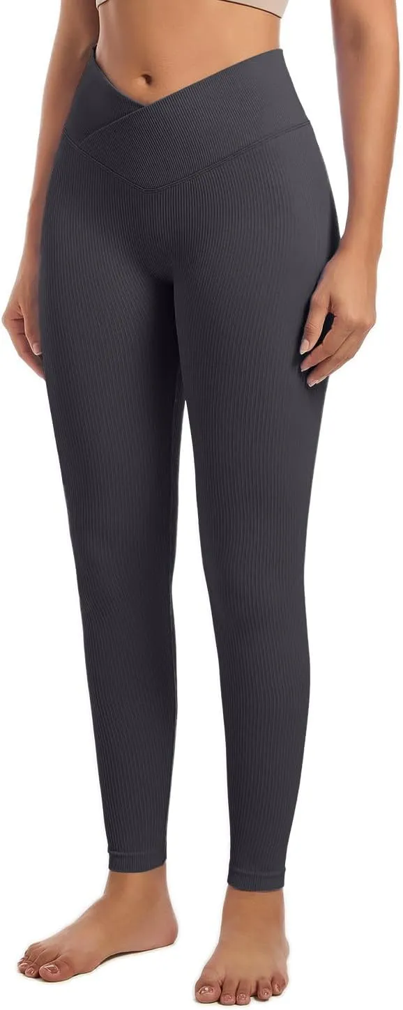 YOAKUKA 3 Piece Yoga Leggings Women's Ribbed Seamless High Waist Cross Over Workout Leggings Gym Athletic Pants