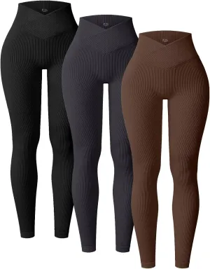 YOAKUKA 3 Piece Yoga Leggings Women's Ribbed Seamless High Waist Cross Over Workout Leggings Gym Athletic Pants