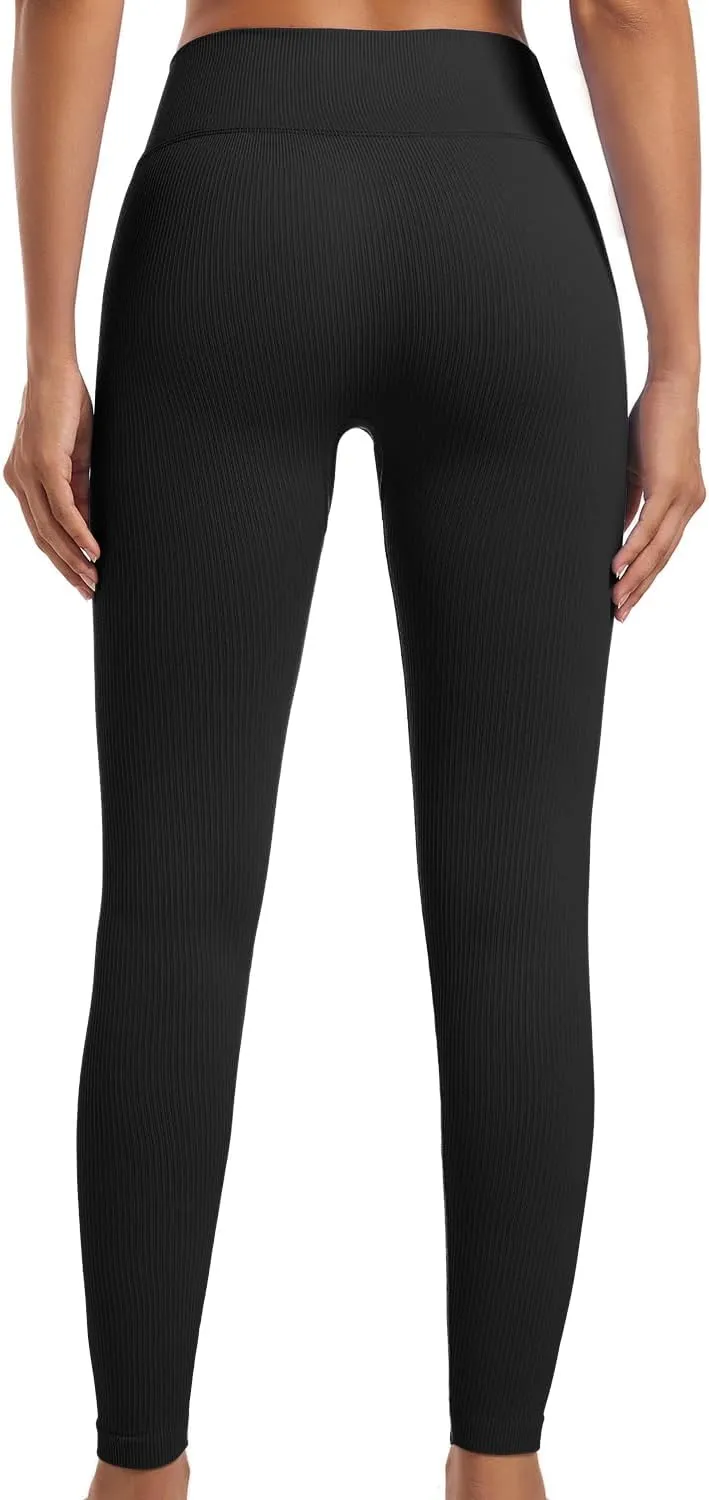 YOAKUKA 3 Piece Yoga Leggings Women's Ribbed Seamless High Waist Cross Over Workout Leggings Gym Athletic Pants
