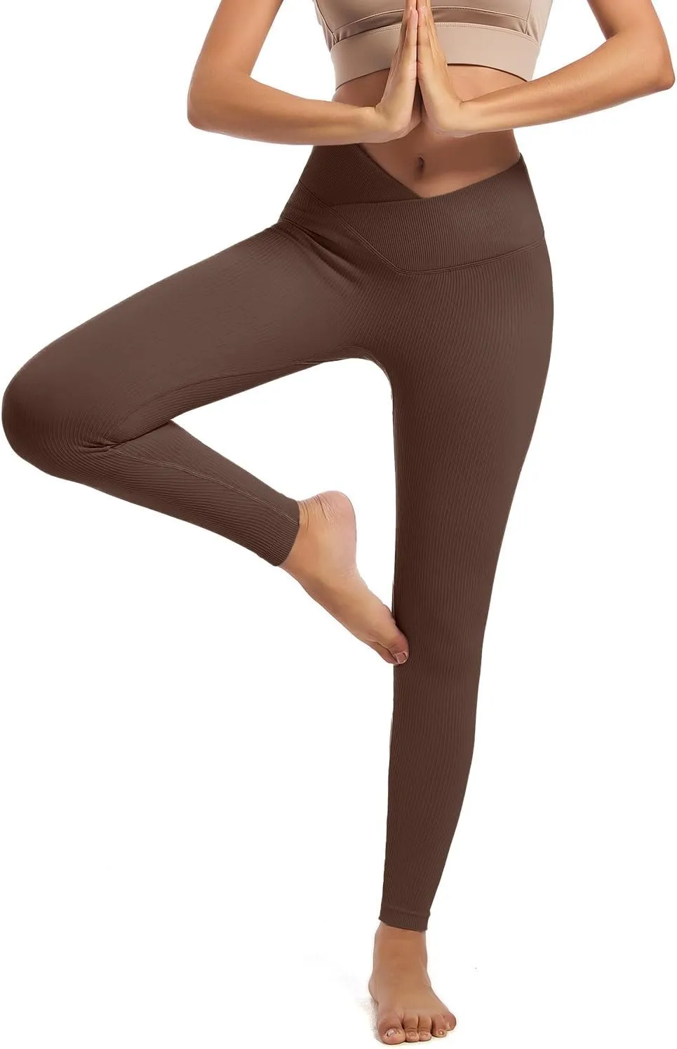 YOAKUKA 3 Piece Yoga Leggings Women's Ribbed Seamless High Waist Cross Over Workout Leggings Gym Athletic Pants