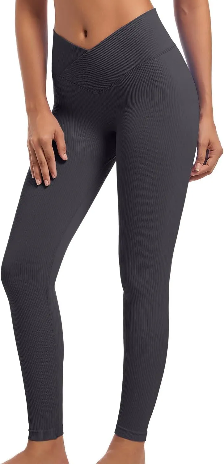 YOAKUKA 3 Piece Yoga Leggings Women's Ribbed Seamless High Waist Cross Over Workout Leggings Gym Athletic Pants