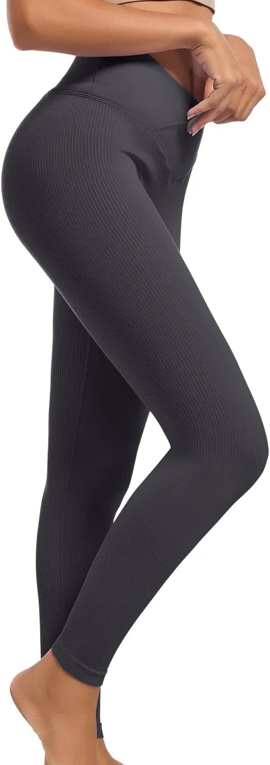 YOAKUKA 3 Piece Yoga Leggings Women's Ribbed Seamless High Waist Cross Over Workout Leggings Gym Athletic Pants