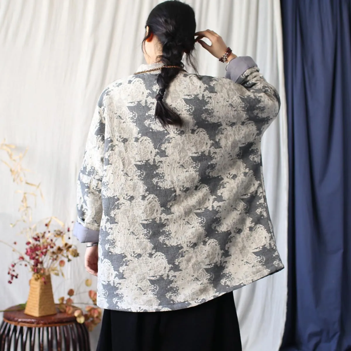 Ystylee Women Chinese Tang Suit Quilted Coat Cotton Linen Jacquard Loose Kimono Cotton Padded Jacket Outwear