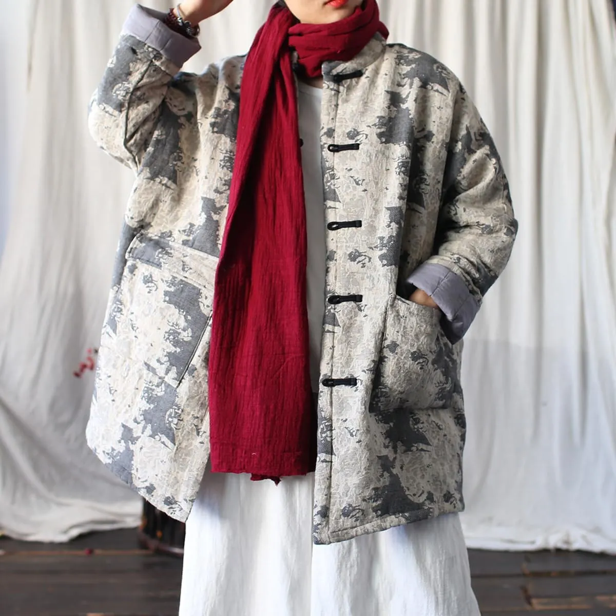 Ystylee Women Chinese Tang Suit Quilted Coat Cotton Linen Jacquard Loose Kimono Cotton Padded Jacket Outwear