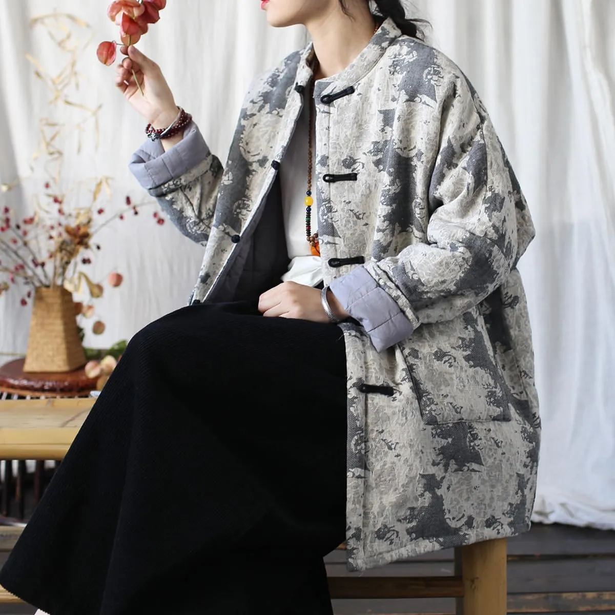 Ystylee Women Chinese Tang Suit Quilted Coat Cotton Linen Jacquard Loose Kimono Cotton Padded Jacket Outwear