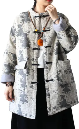 Ystylee Women Chinese Tang Suit Quilted Coat Cotton Linen Jacquard Loose Kimono Cotton Padded Jacket Outwear