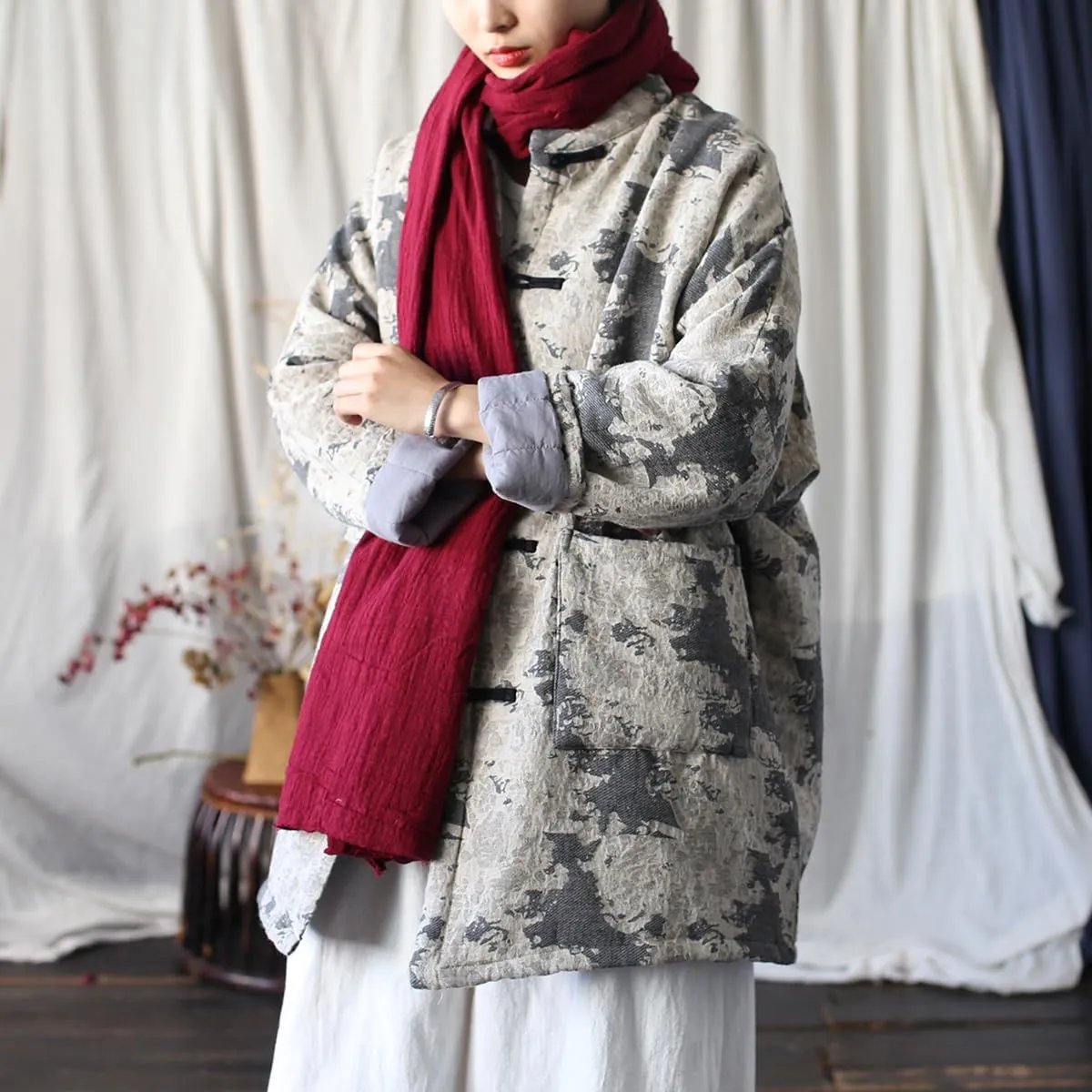 Ystylee Women Chinese Tang Suit Quilted Coat Cotton Linen Jacquard Loose Kimono Cotton Padded Jacket Outwear