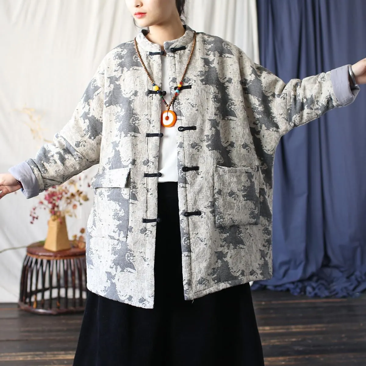 Ystylee Women Chinese Tang Suit Quilted Coat Cotton Linen Jacquard Loose Kimono Cotton Padded Jacket Outwear