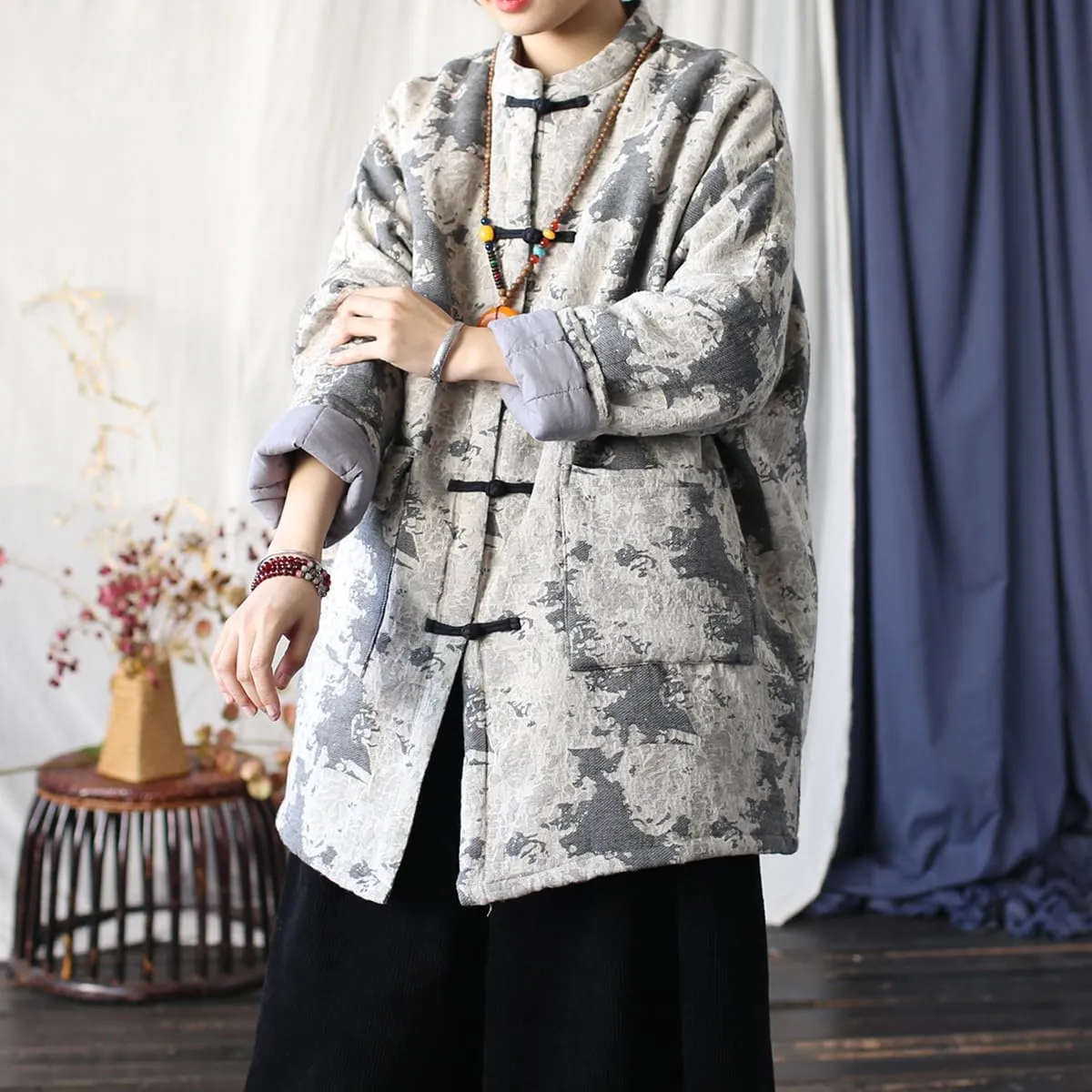 Ystylee Women Chinese Tang Suit Quilted Coat Cotton Linen Jacquard Loose Kimono Cotton Padded Jacket Outwear