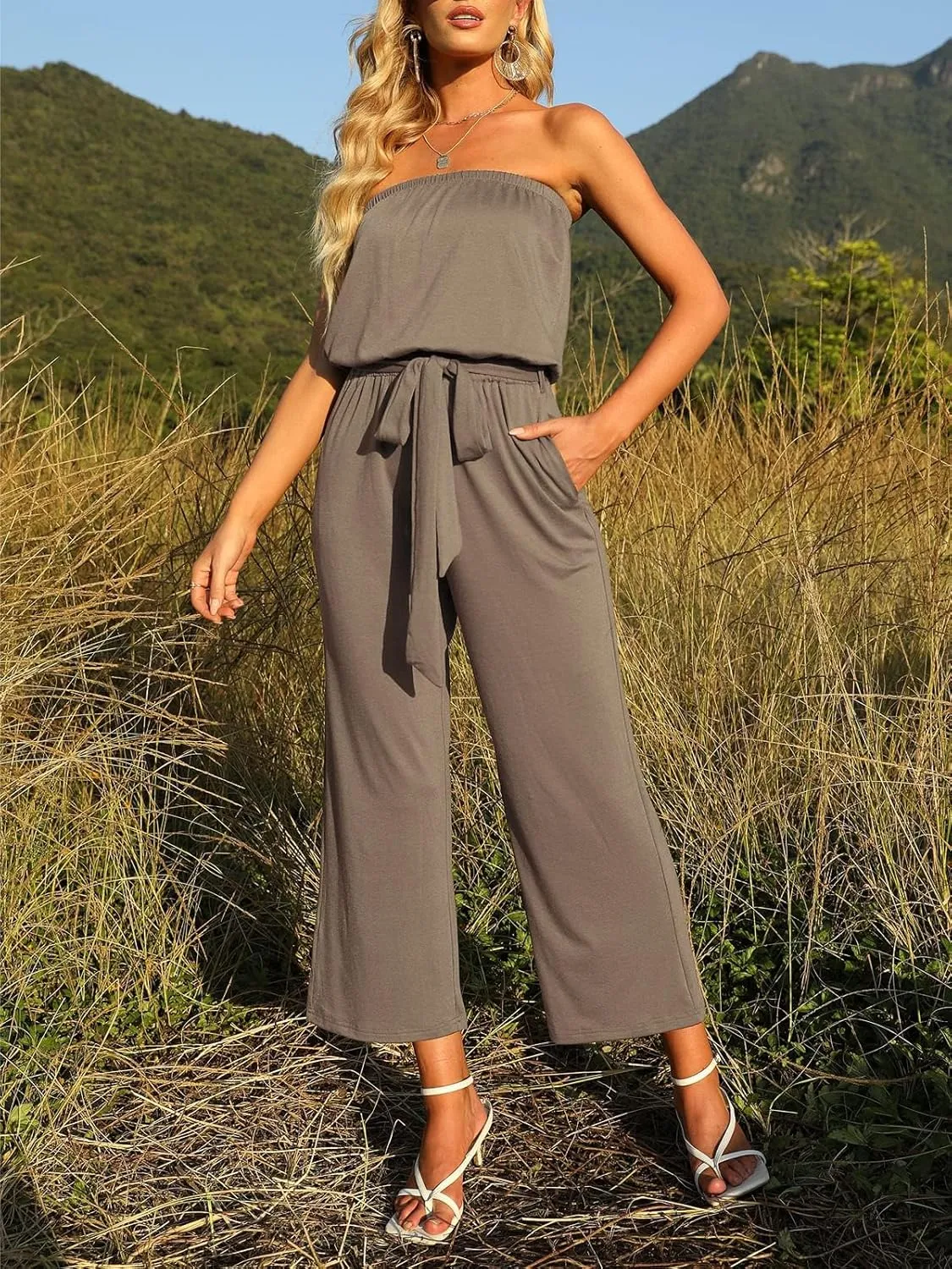 ZESICA Women's Casual Off Shoulder Solid Color Strapless Belted Wide Leg Jumpsuit Romper