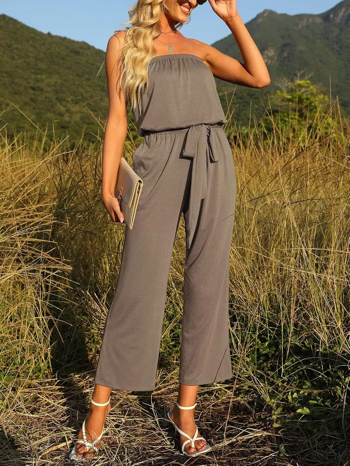 ZESICA Women's Casual Off Shoulder Solid Color Strapless Belted Wide Leg Jumpsuit Romper
