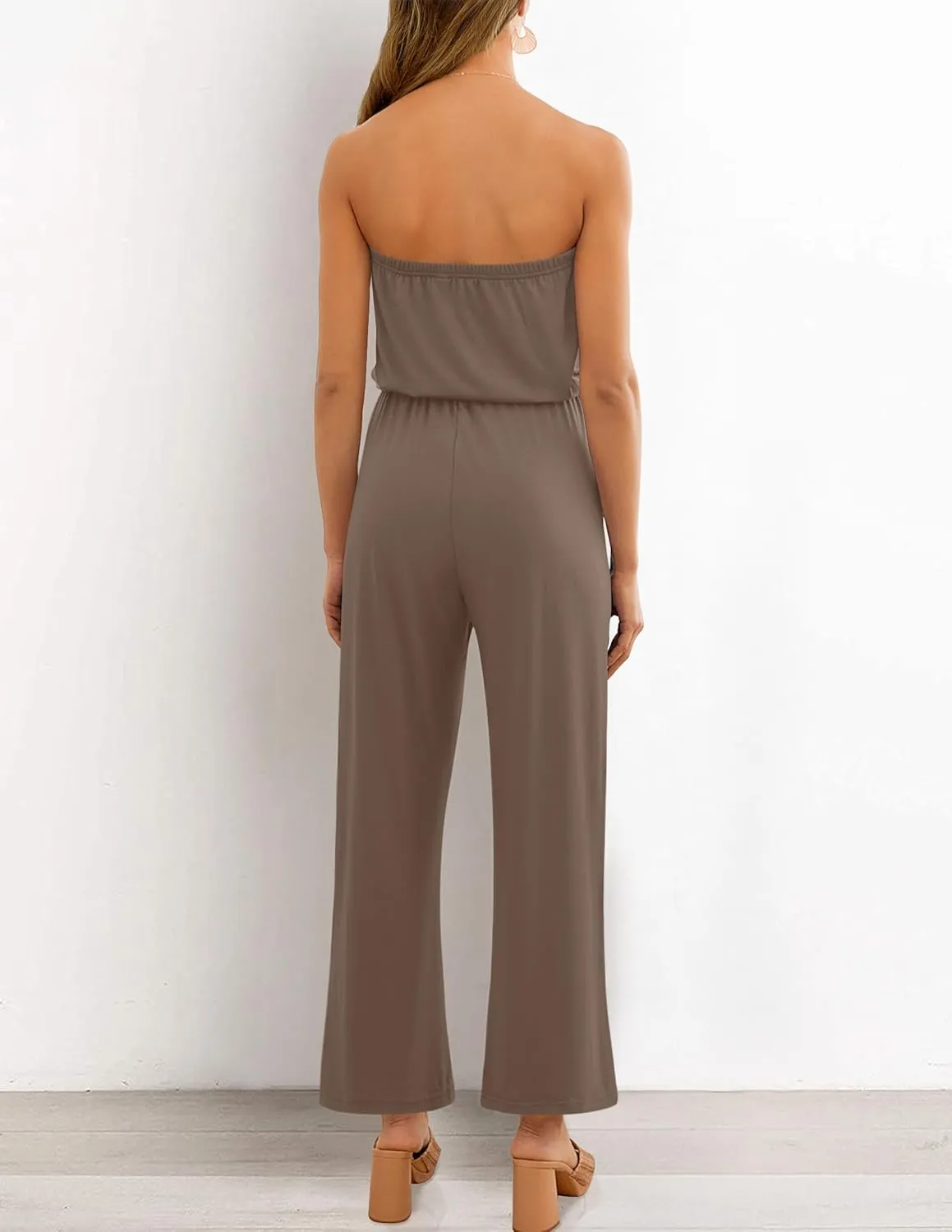 ZESICA Women's Casual Off Shoulder Solid Color Strapless Belted Wide Leg Jumpsuit Romper