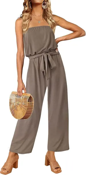 ZESICA Women's Casual Off Shoulder Solid Color Strapless Belted Wide Leg Jumpsuit Romper