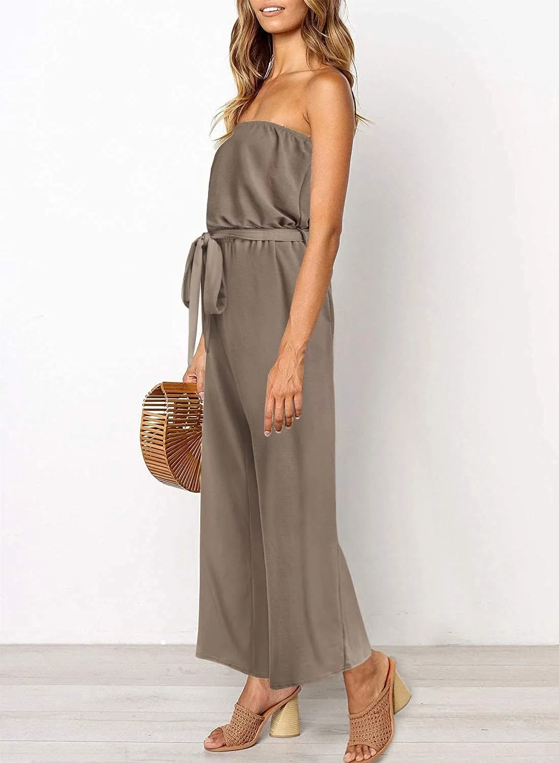 ZESICA Women's Casual Off Shoulder Solid Color Strapless Belted Wide Leg Jumpsuit Romper
