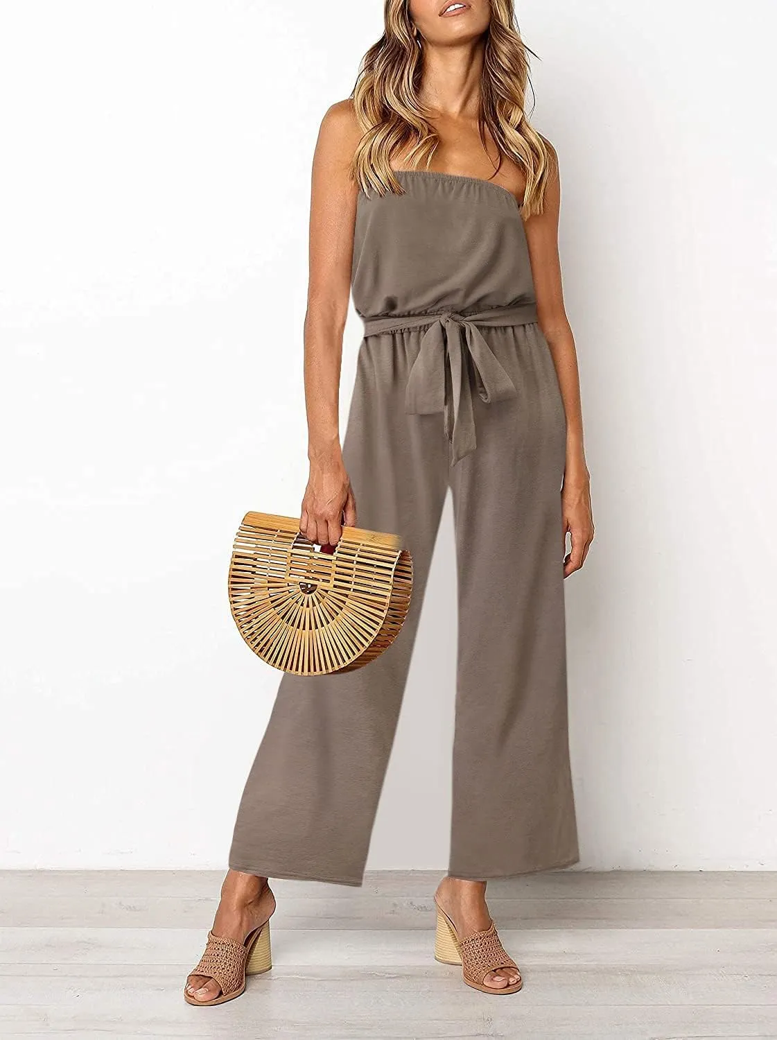 ZESICA Women's Casual Off Shoulder Solid Color Strapless Belted Wide Leg Jumpsuit Romper