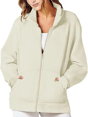 Zip Up Hoodie Women Hoodless Sweatshirts Oversized Sweater with Pocket Long Sleeve Full Placket Pullover