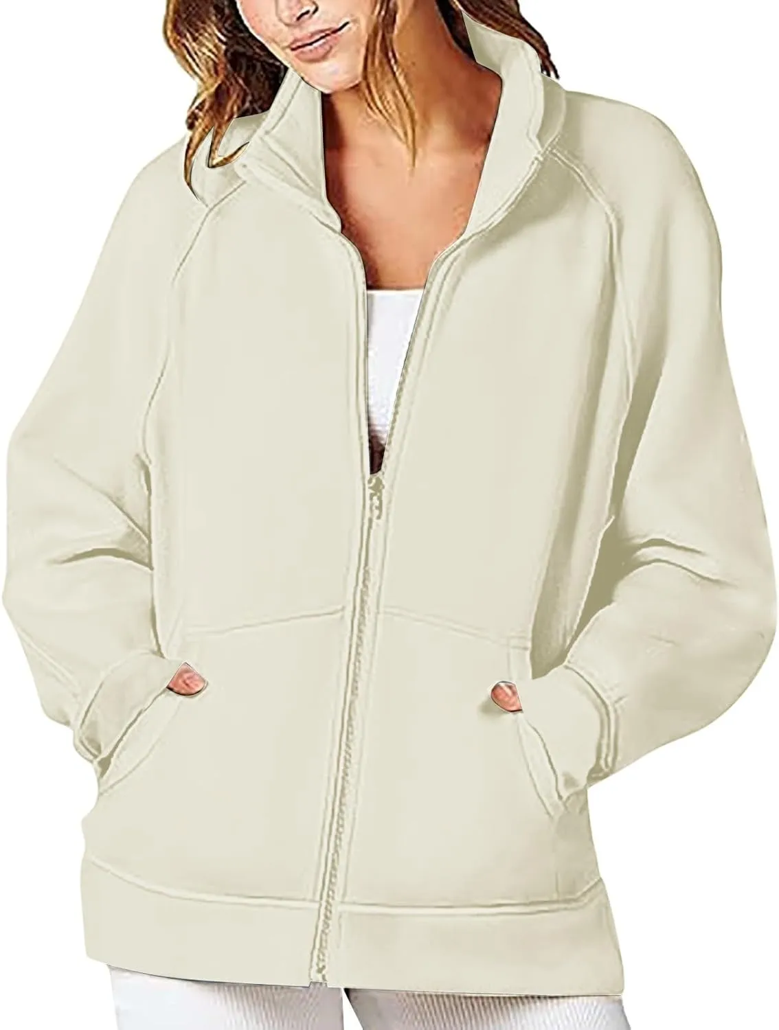 Zip Up Hoodie Women Hoodless Sweatshirts Oversized Sweater with Pocket Long Sleeve Full Placket Pullover