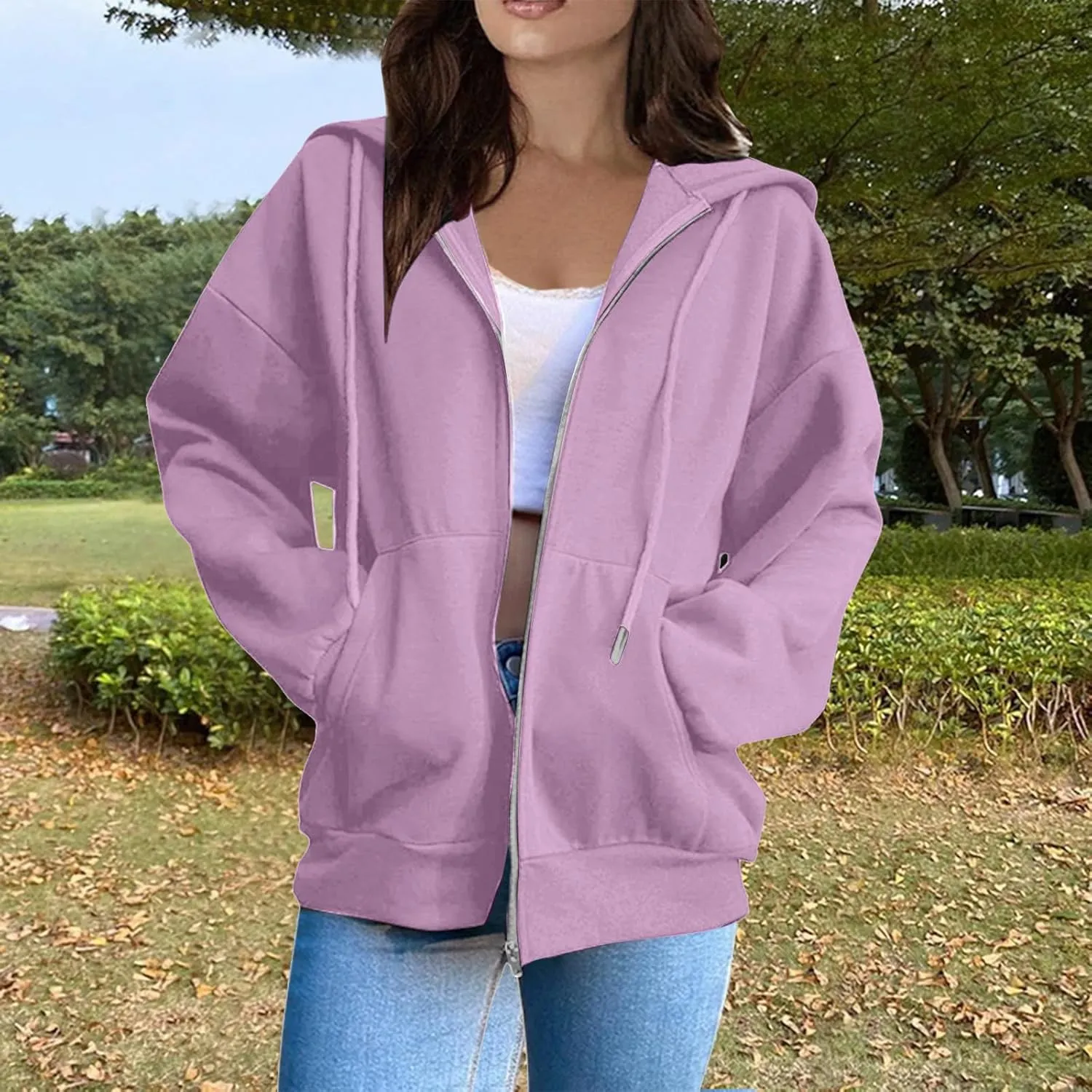 Zip Up Hoodie Women Long Sleeve Oversized Sweatshirt for Women Y2k Jacket with Pockets Fall Clothes 2024