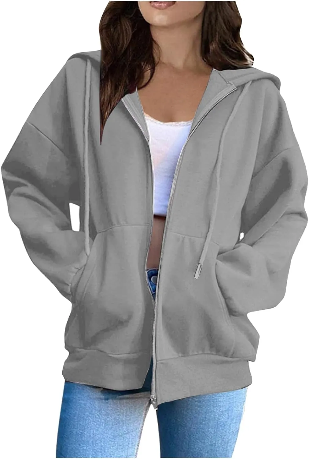 Zip Up Hoodie Women Long Sleeve Oversized Sweatshirt for Women Y2k Jacket with Pockets Fall Clothes 2024